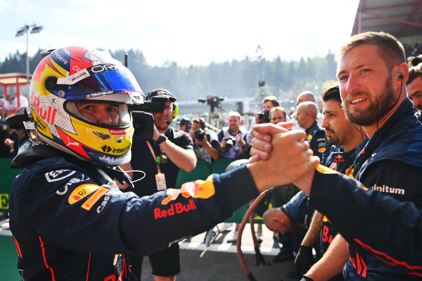 SPA, BELGIUM - AUGUST 28: Second placed Sergio Perez of Mexico and Oracle Red Bull Racing celebrates in parc ferme during the F1 Grand Prix of Belgium at Circuit de Spa-Francorchamps on August 28, 2022 in Spa, Belgium. (Photo by Dan Mullan/Getty Images)
