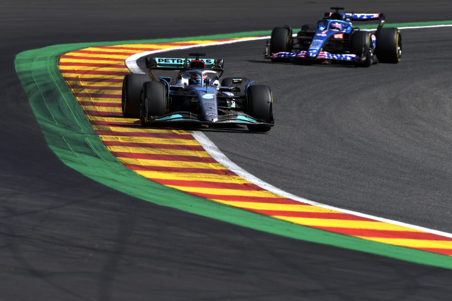 SPA, BELGIUM - AUGUST 28: George Russell of Great Britain driving the (63) Mercedes AMG Petronas F1