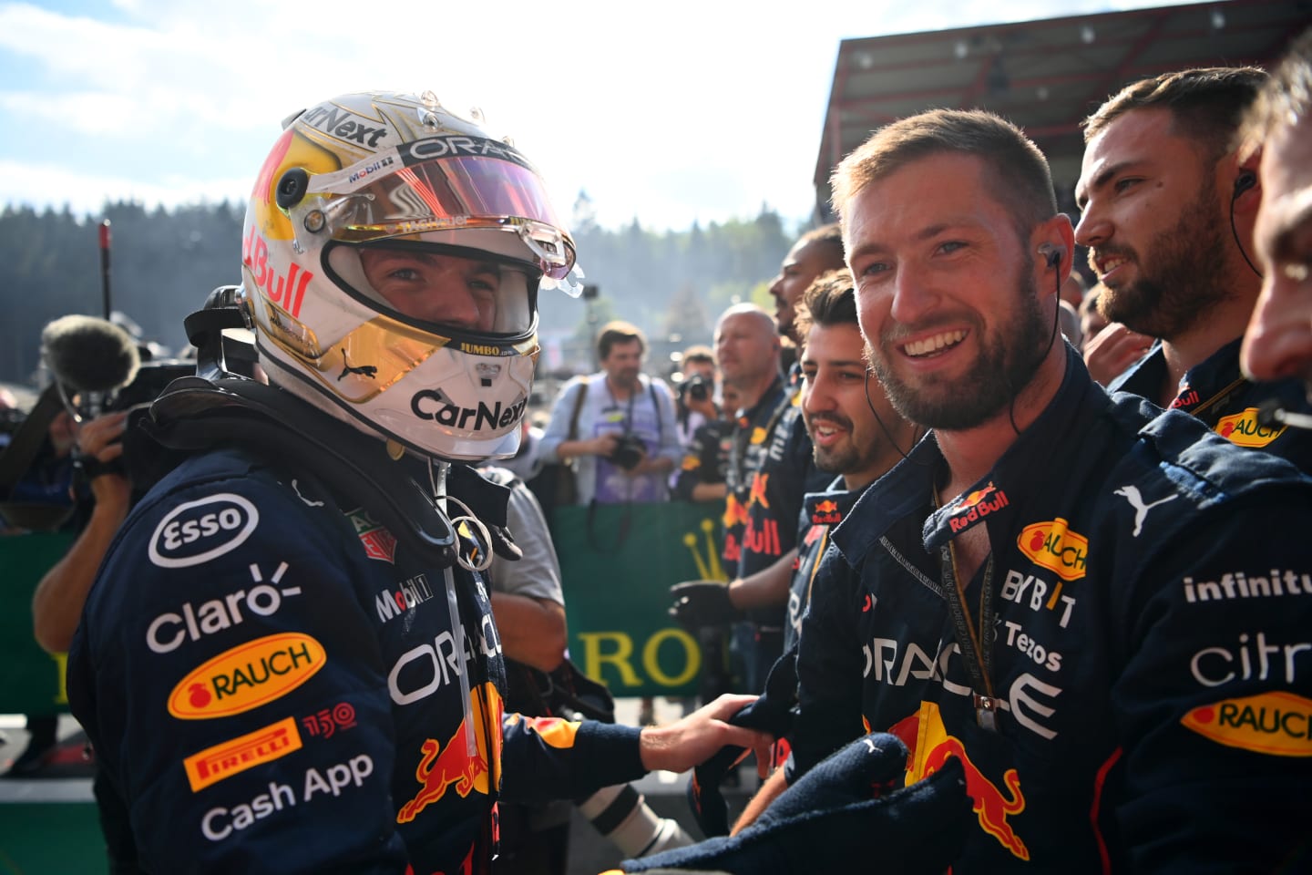 SPA, BELGIUM - AUGUST 28: Race winner Max Verstappen of the Netherlands and Oracle Red Bull Racing celebrates in parc ferme during the F1 Grand Prix of Belgium at Circuit de Spa-Francorchamps on August 28, 2022 in Spa, Belgium. (Photo by Dan Mullan/Getty Images)