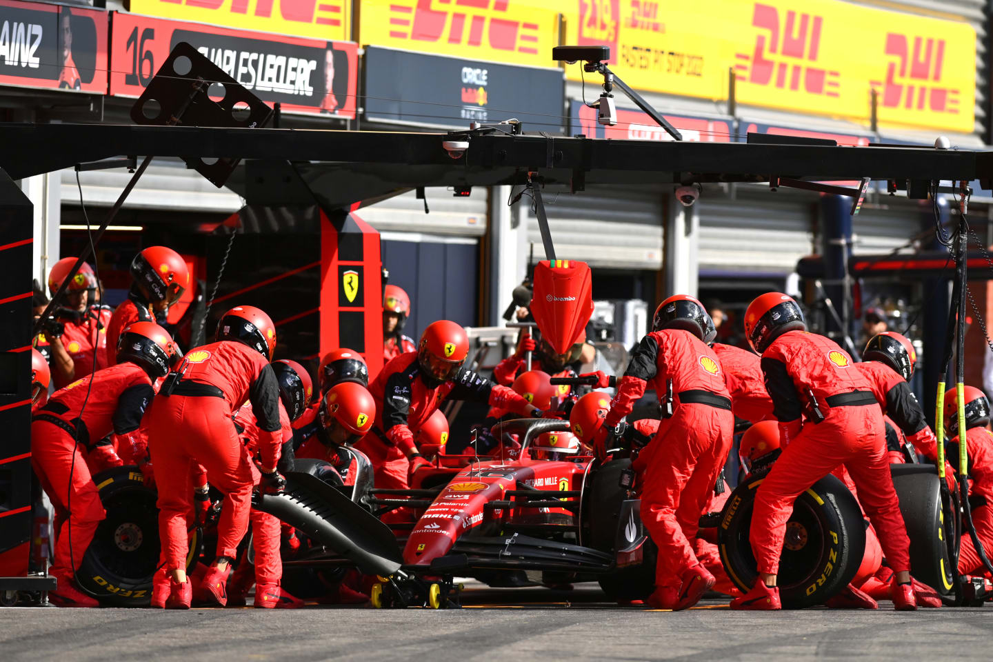 SPA, BELGIUM - AUGUST 28: Charles Leclerc of Monaco driving the (16) Ferrari F1-75 makes a pits