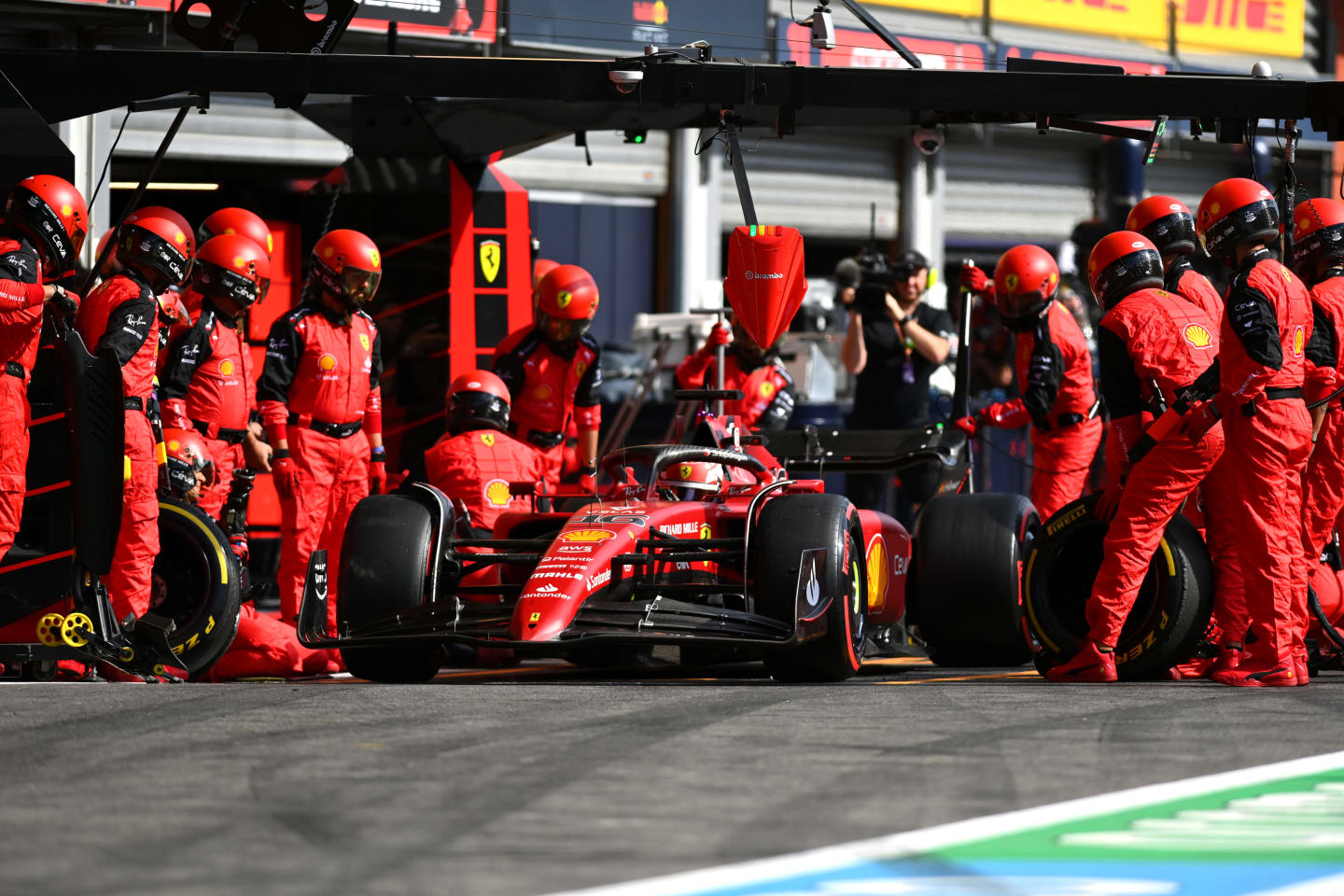 SPA, BELGIUM - AUGUST 28: Charles Leclerc of Monaco driving the (16) Ferrari F1-75 makes a pitstop