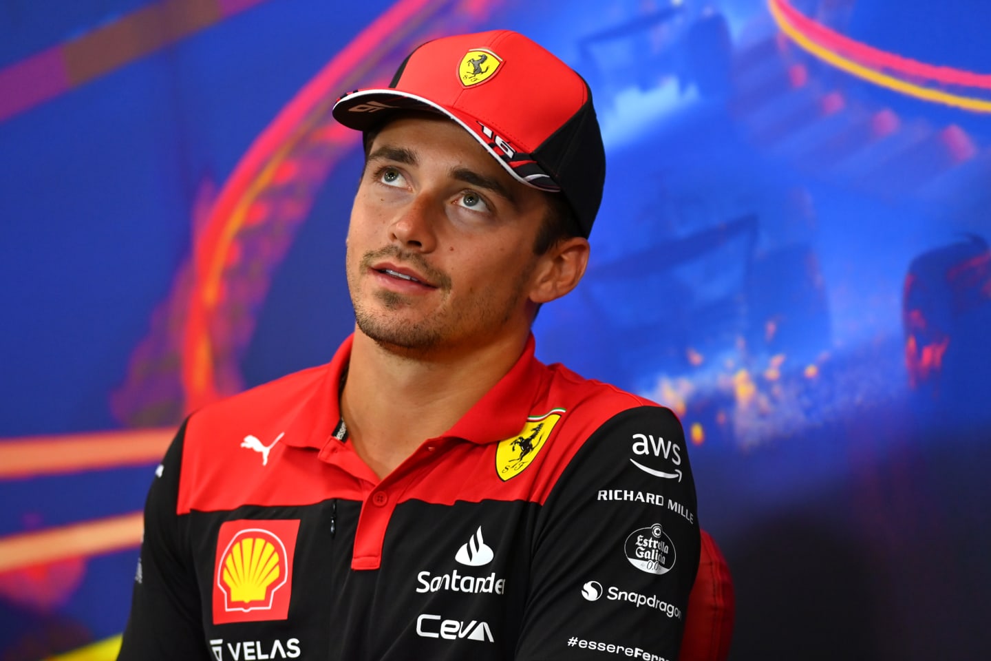 SPA, BELGIUM - AUGUST 25: Charles Leclerc of Monaco and Ferrari attends the Drivers Press Conference during previews ahead of the F1 Grand Prix of Belgium at Circuit de Spa-Francorchamps on August 25, 2022 in Spa, Belgium. (Photo by Dan Mullan/Getty Images)