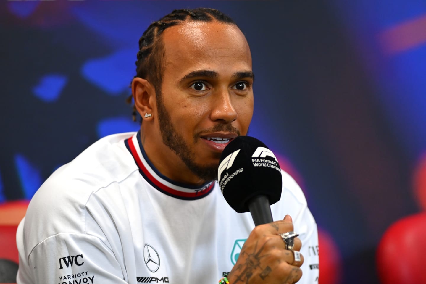 SPA, BELGIUM - AUGUST 25: Lewis Hamilton of Great Britain and Mercedes talks in the Drivers Press Conference during previews ahead of the F1 Grand Prix of Belgium at Circuit de Spa-Francorchamps on August 25, 2022 in Spa, Belgium. (Photo by Dan Mullan/Getty Images)