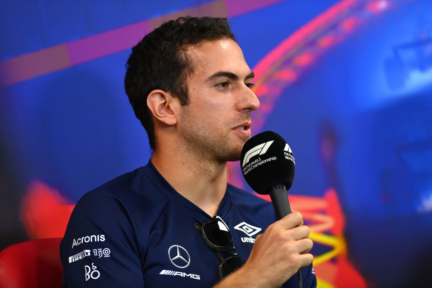 SPA, BELGIUM - AUGUST 25: Nicholas Latifi of Canada and Williams talks in the Drivers Press Conference during previews ahead of the F1 Grand Prix of Belgium at Circuit de Spa-Francorchamps on August 25, 2022 in Spa, Belgium. (Photo by Dan Mullan/Getty Images)