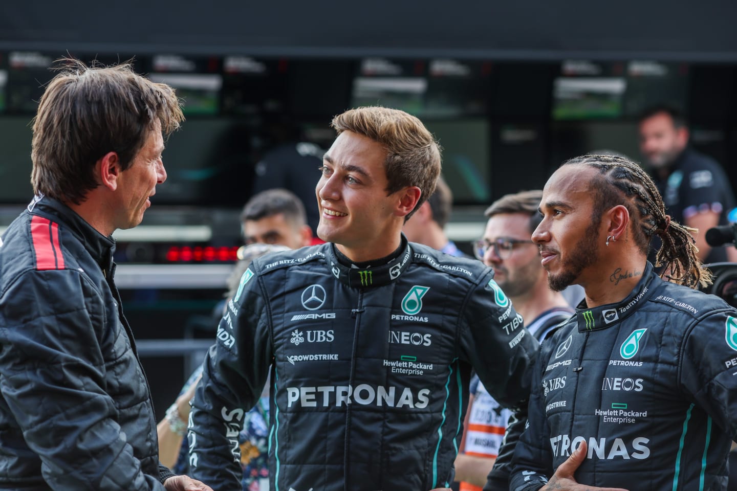 SPA, BELGIUM - AUGUST 25: Toto Wolff and Austria and Mercedes with George Russell of Mercedes and