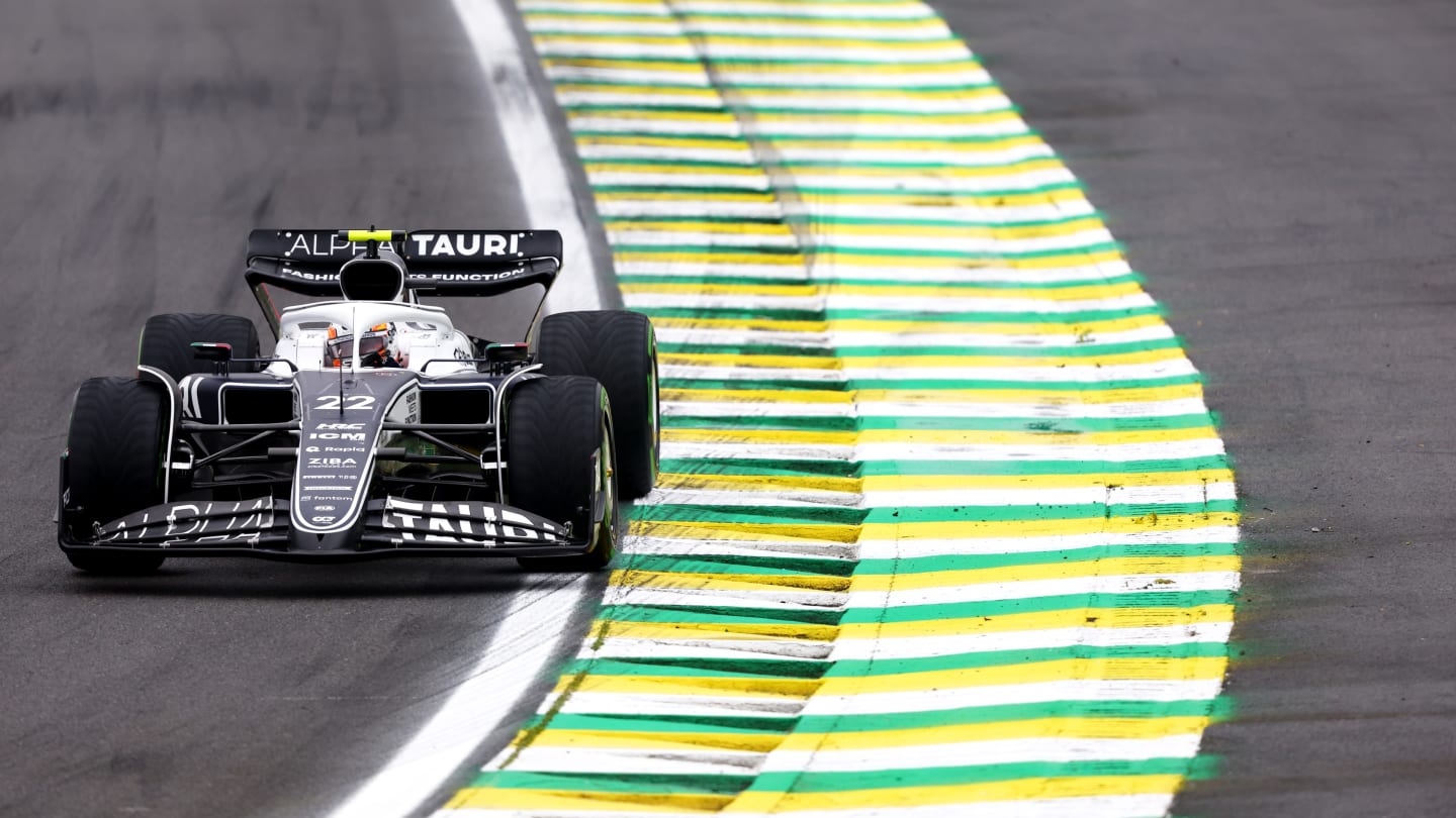 SAO PAULO, BRAZIL - NOVEMBER 11: Yuki Tsunoda of Japan driving the (22) Scuderia AlphaTauri AT03 on
