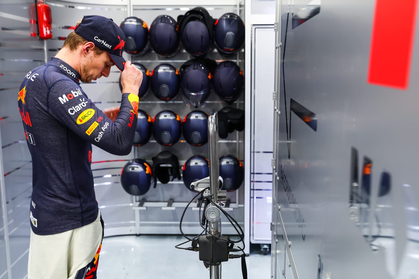 SAO PAULO, BRAZIL - NOVEMBER 11: Max Verstappen of the Netherlands and Oracle Red Bull Racing prepares to drive in the garage during qualifying ahead of the F1 Grand Prix of Brazil at Autodromo Jose Carlos Pace on November 11, 2022 in Sao Paulo, Brazil. (Photo by Mark Thompson/Getty Images)