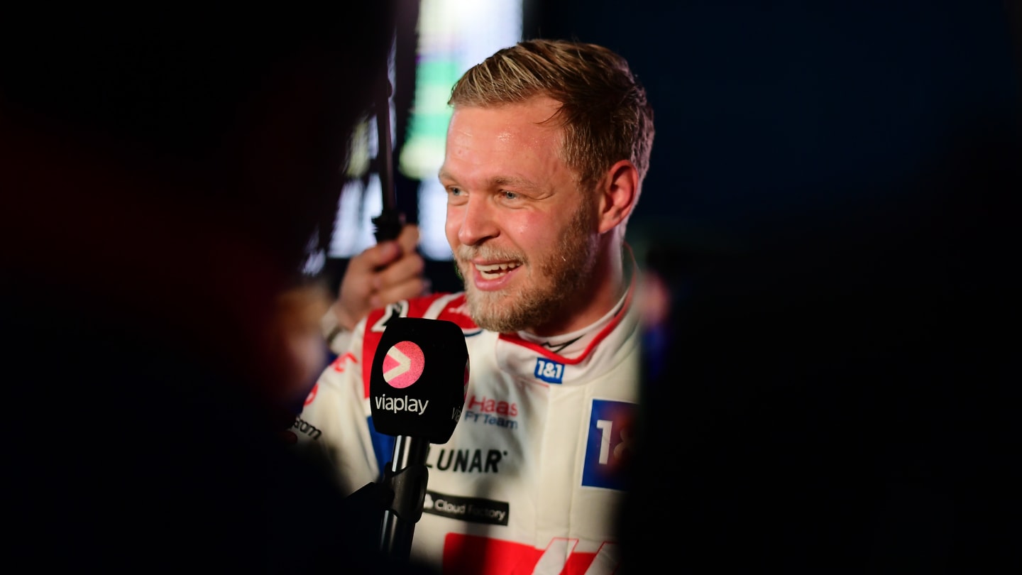 SAO PAULO, BRAZIL - NOVEMBER 11: Pole position qualifier Kevin Magnussen of Denmark and Haas F1 talks to the media in parc ferme after qualifying ahead of the F1 Grand Prix of Brazil at Autodromo Jose Carlos Pace on November 11, 2022 in Sao Paulo, Brazil. (Photo by Mario Renzi - Formula 1/Formula 1 via Getty Images)