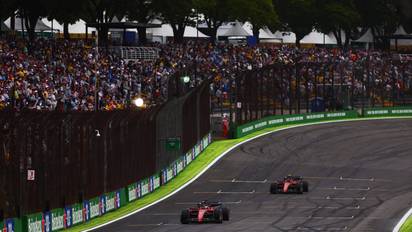 SAO PAULO, BRAZIL - NOVEMBER 11: Charles Leclerc of Monaco driving the (16) Ferrari F1-75 leads