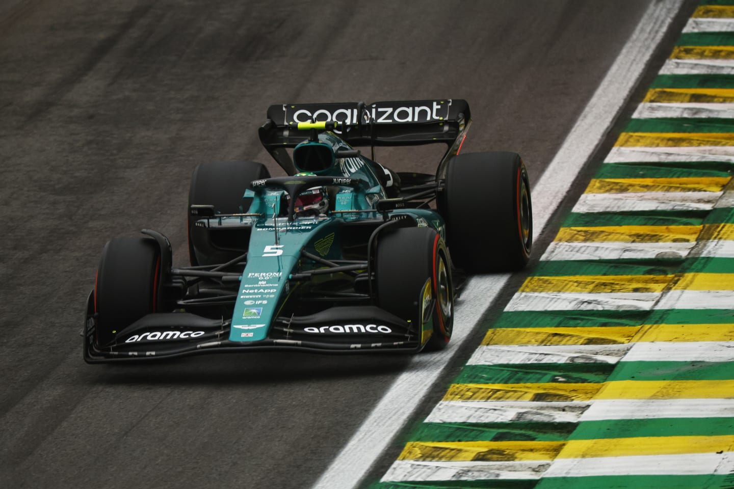 SAO PAULO, BRAZIL - NOVEMBER 11: Sebastian Vettel of Germany driving the (5) Aston Martin AMR22 Mercedes on track during qualifying ahead of the F1 Grand Prix of Brazil at Autodromo Jose Carlos Pace on November 11, 2022 in Sao Paulo, Brazil. (Photo by Chris Graythen/Getty Images)