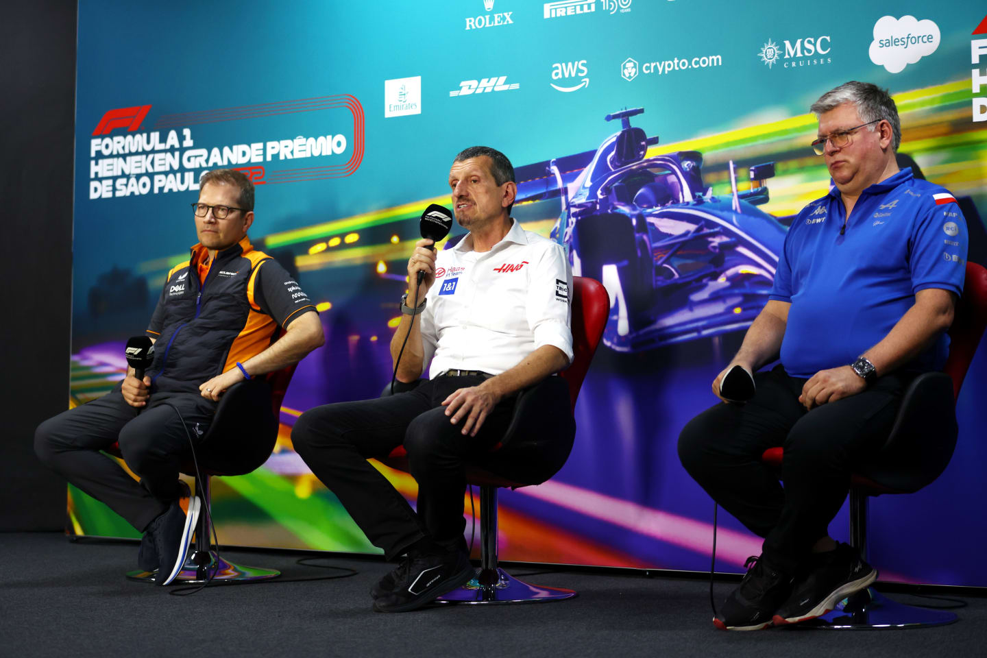 SAO PAULO, BRAZIL - NOVEMBER 12: McLaren Team Principal Andreas Seidl, Haas F1 Team Principal
