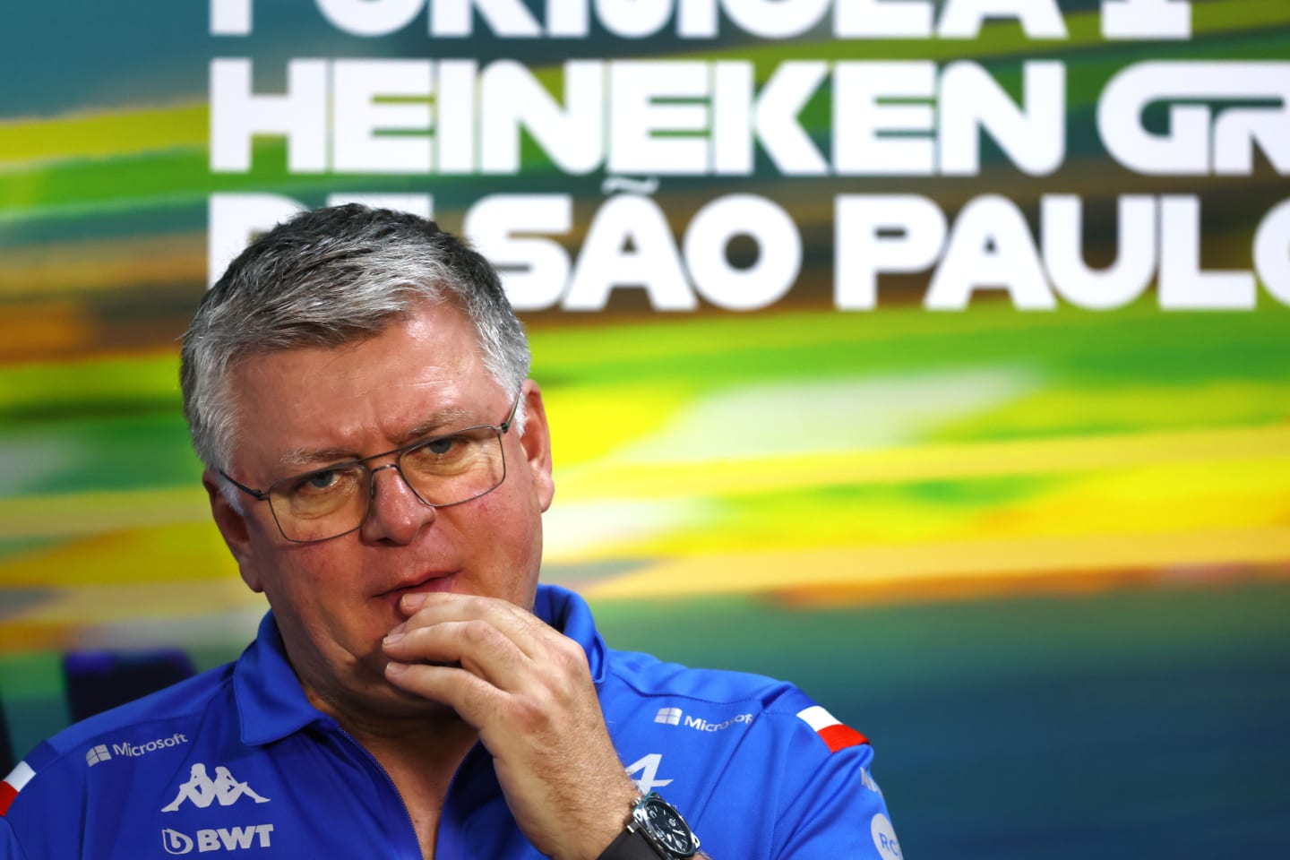 SAO PAULO, BRAZIL - NOVEMBER 12: Otmar Szafnauer, Team Principal of Alpine F1 attends a press conference prior to practice ahead of the F1 Grand Prix of Brazil at Autodromo Jose Carlos Pace on November 12, 2022 in Sao Paulo, Brazil. (Photo by Bryn Lennon/Getty Images)