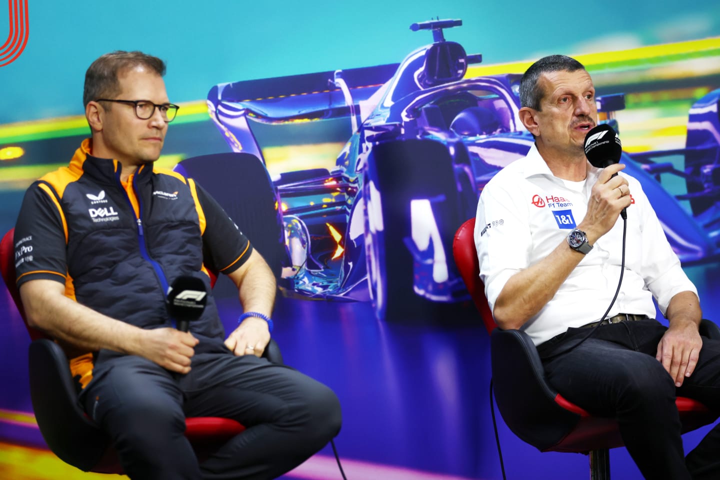 SAO PAULO, BRAZIL - NOVEMBER 12: McLaren Team Principal Andreas Seidl and Haas F1 Team Principal Guenther Steiner attend a press conference prior to practice ahead of the F1 Grand Prix of Brazil at Autodromo Jose Carlos Pace on November 12, 2022 in Sao Paulo, Brazil. (Photo by Bryn Lennon/Getty Images)