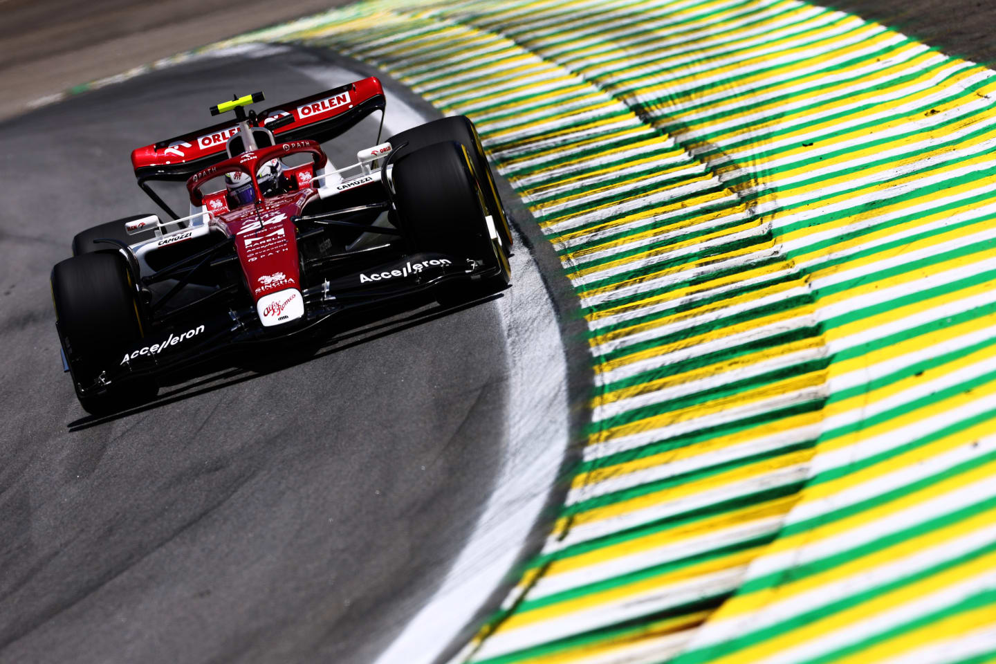 SAO PAULO, BRAZIL - NOVEMBER 12: Zhou Guanyu of China driving the (24) Alfa Romeo F1 C42 Ferrari on track during practice ahead of the F1 Grand Prix of Brazil at Autodromo Jose Carlos Pace on November 12, 2022 in Sao Paulo, Brazil. (Photo by Mark Thompson/Getty Images)