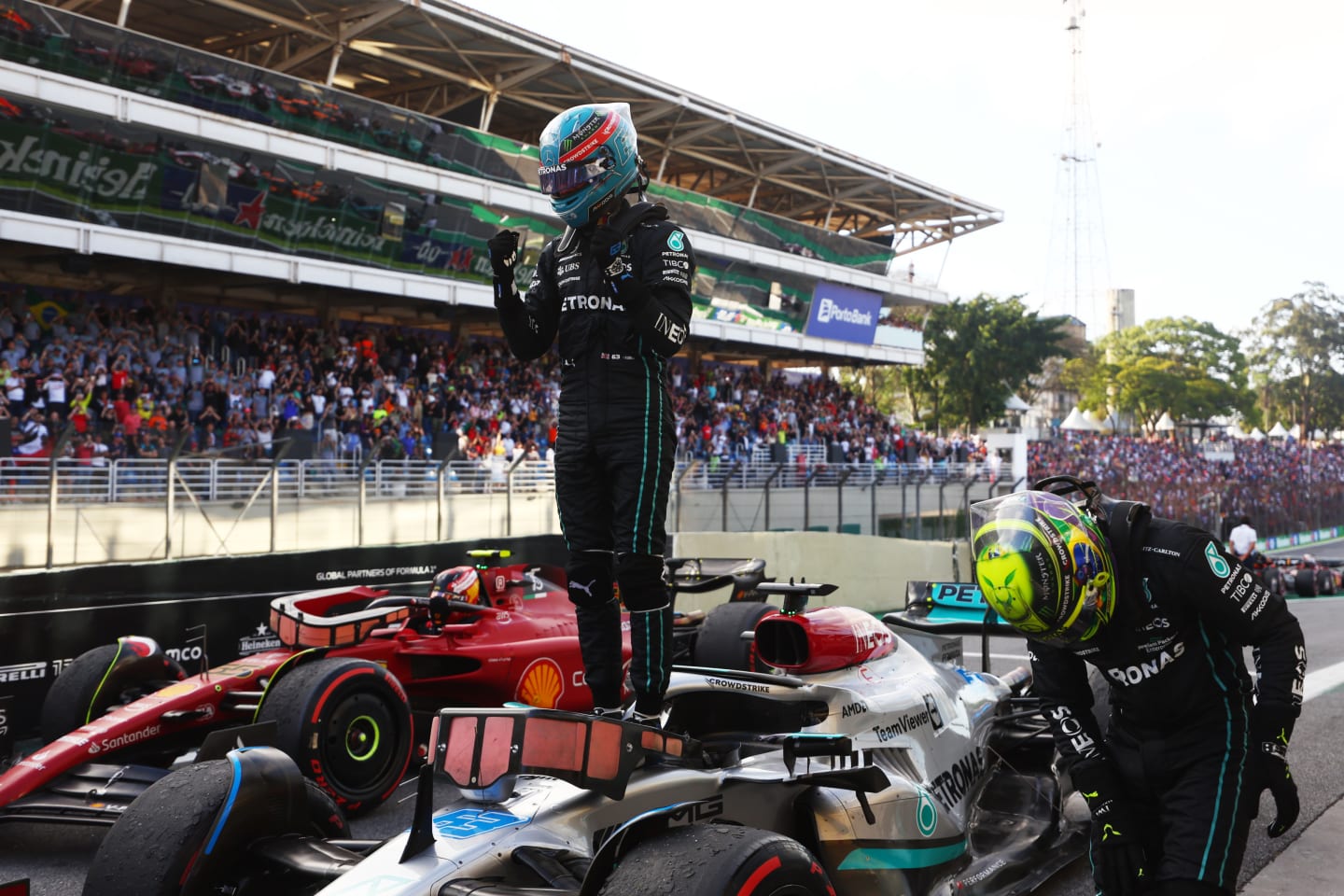 SAO PAULO, BRAZIL - NOVEMBER 12: Sprint winner George Russell of Great Britain and Mercedes celebrates in parc ferme during the Sprint ahead of the F1 Grand Prix of Brazil at Autodromo Jose Carlos Pace on November 12, 2022 in Sao Paulo, Brazil. (Photo by Bryn Lennon - Formula 1/Formula 1 via Getty Images)