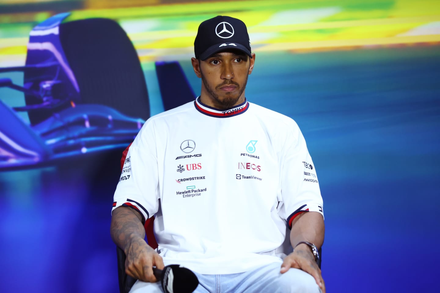 SAO PAULO, BRAZIL - NOVEMBER 12: Third placed Lewis Hamilton of Great Britain and Mercedes talks in a press conference after the Sprint ahead of the F1 Grand Prix of Brazil at Autodromo Jose Carlos Pace on November 12, 2022 in Sao Paulo, Brazil. (Photo by Dan Istitene/Getty Images)