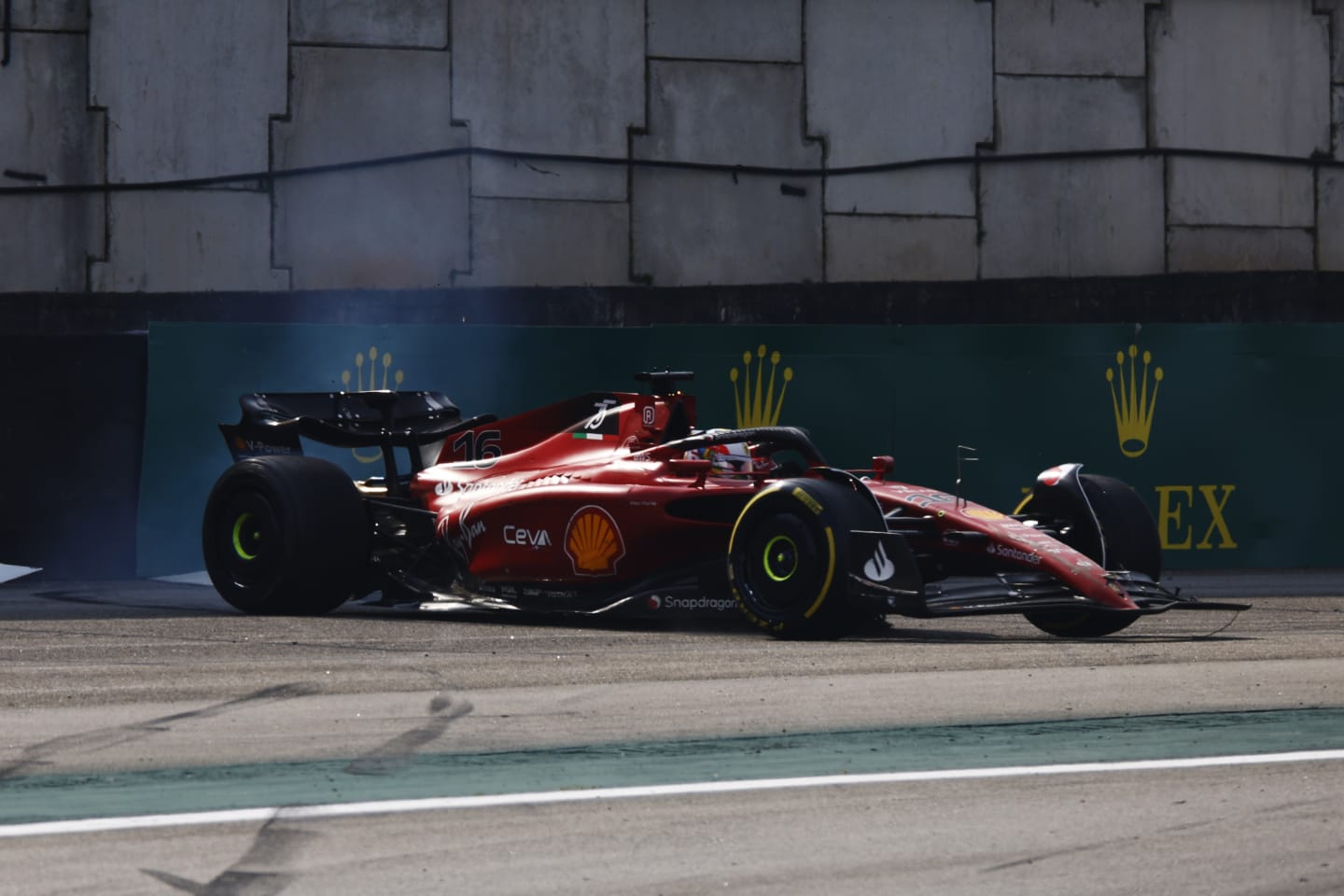 SAO PAULO, BRAZIL - NOVEMBER 13: Charles Leclerc of Monaco driving the (16) Ferrari F1-75 spins