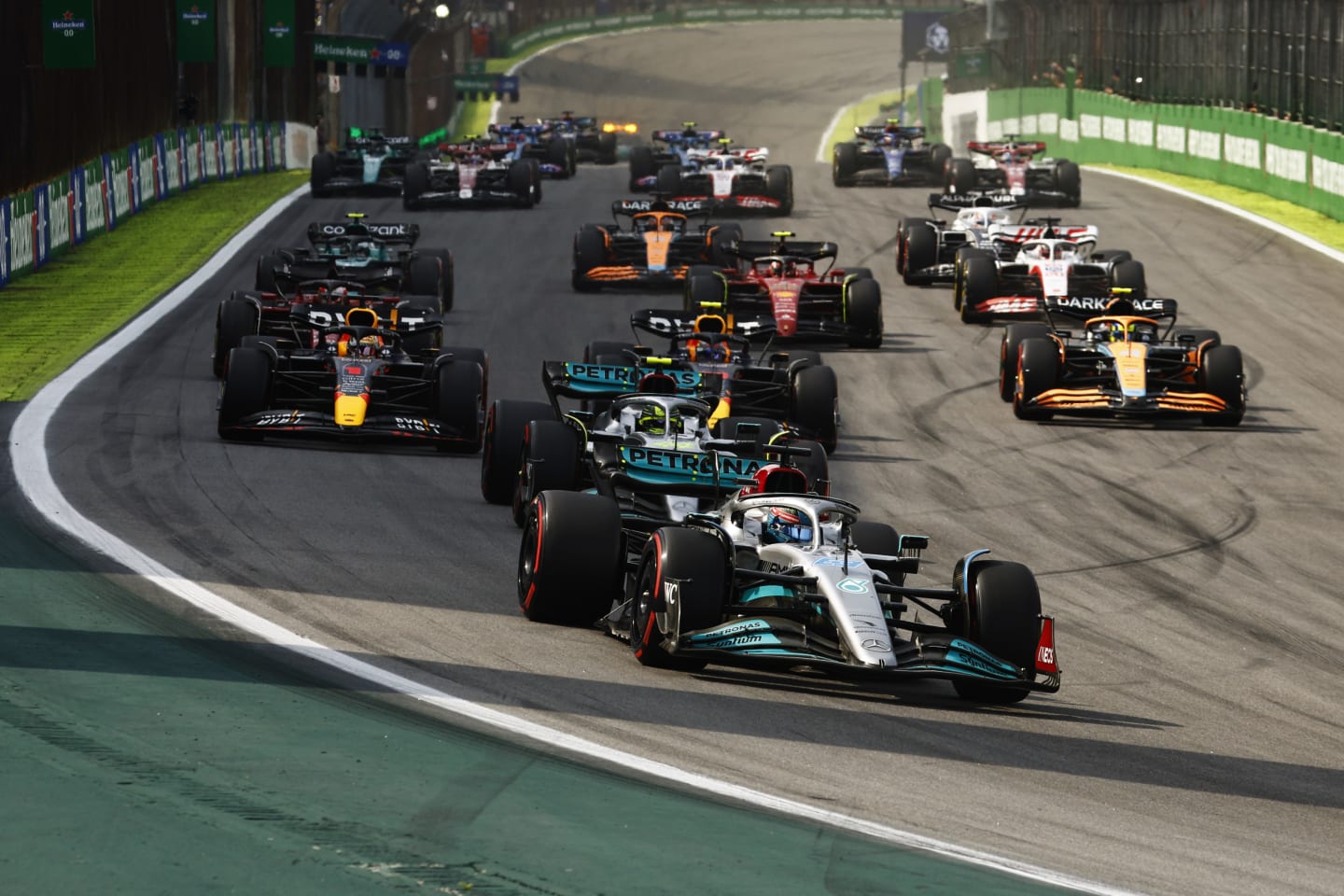 SAO PAULO, BRAZIL - NOVEMBER 13: George Russell of Great Britain driving the (63) Mercedes AMG