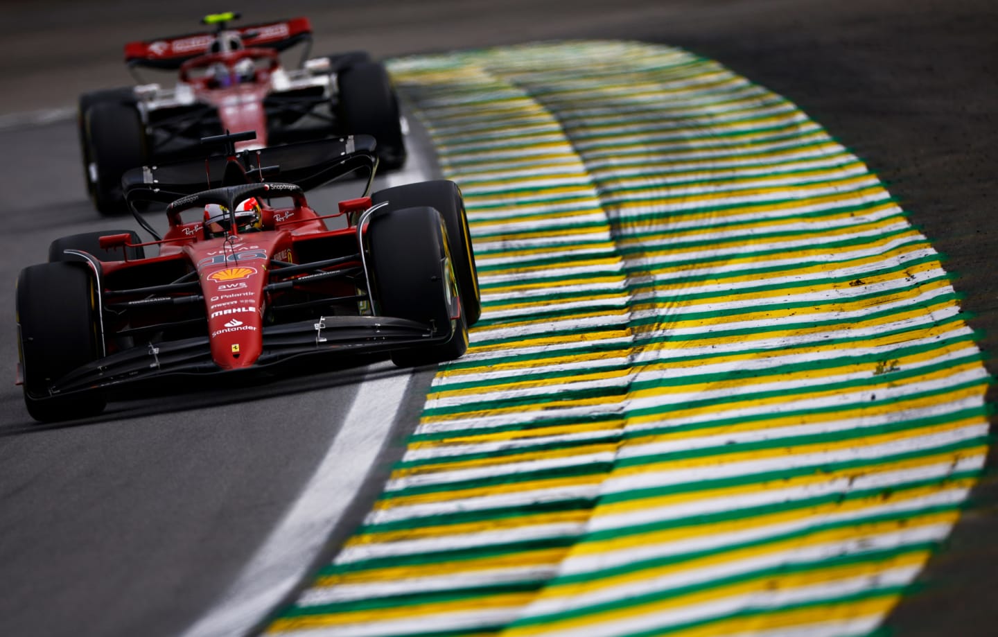 SAO PAULO, BRAZIL - NOVEMBER 13: Charles Leclerc of Monaco driving the (16) Ferrari F1-75 leads