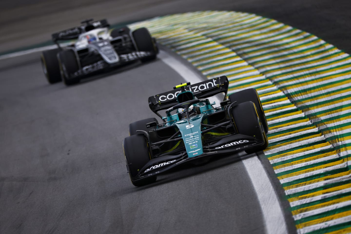 SAO PAULO, BRAZIL - NOVEMBER 13: Sebastian Vettel of Germany driving the (5) Aston Martin AMR22 Mercedes on track during the F1 Grand Prix of Brazil at Autodromo Jose Carlos Pace on November 13, 2022 in Sao Paulo, Brazil. (Photo by Jared C. Tilton/Getty Images)