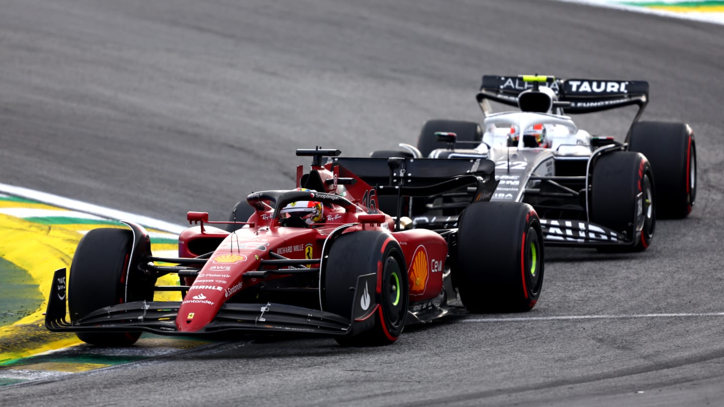 SAO PAULO, BRAZIL - NOVEMBER 13: Charles Leclerc of Monaco driving the (16) Ferrari F1-75 leads