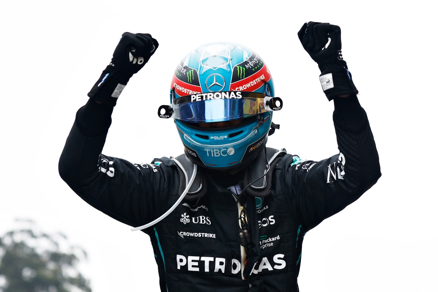 SAO PAULO, BRAZIL - NOVEMBER 13: Race winner George Russell of Great Britain and Mercedes celebrates in parc ferme during the F1 Grand Prix of Brazil at Autodromo Jose Carlos Pace on November 13, 2022 in Sao Paulo, Brazil. (Photo by Jared C. Tilton/Getty Images)