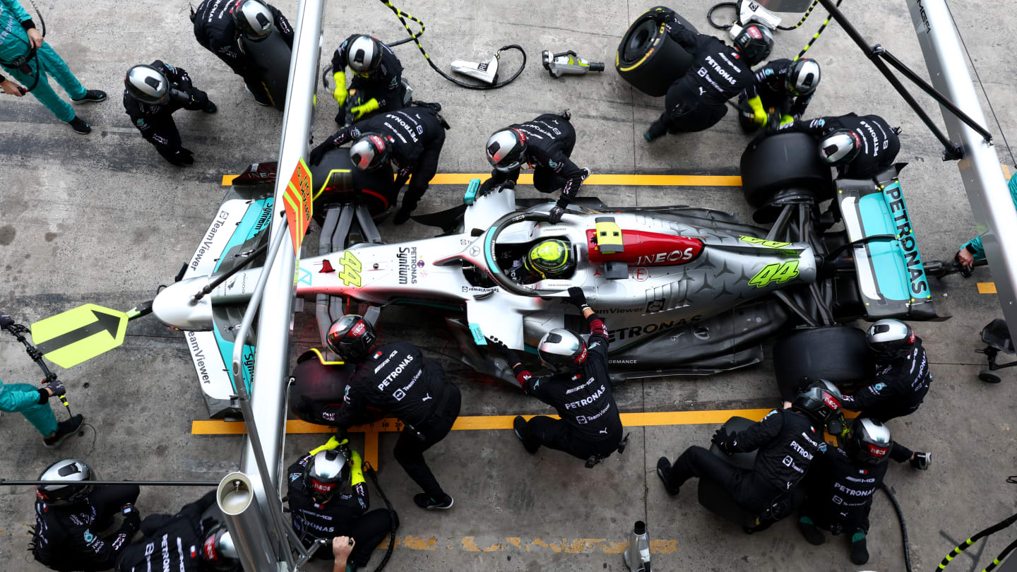 SAO PAULO, BRAZIL - NOVEMBER 13: Lewis Hamilton of Great Britain driving the (44) Mercedes AMG