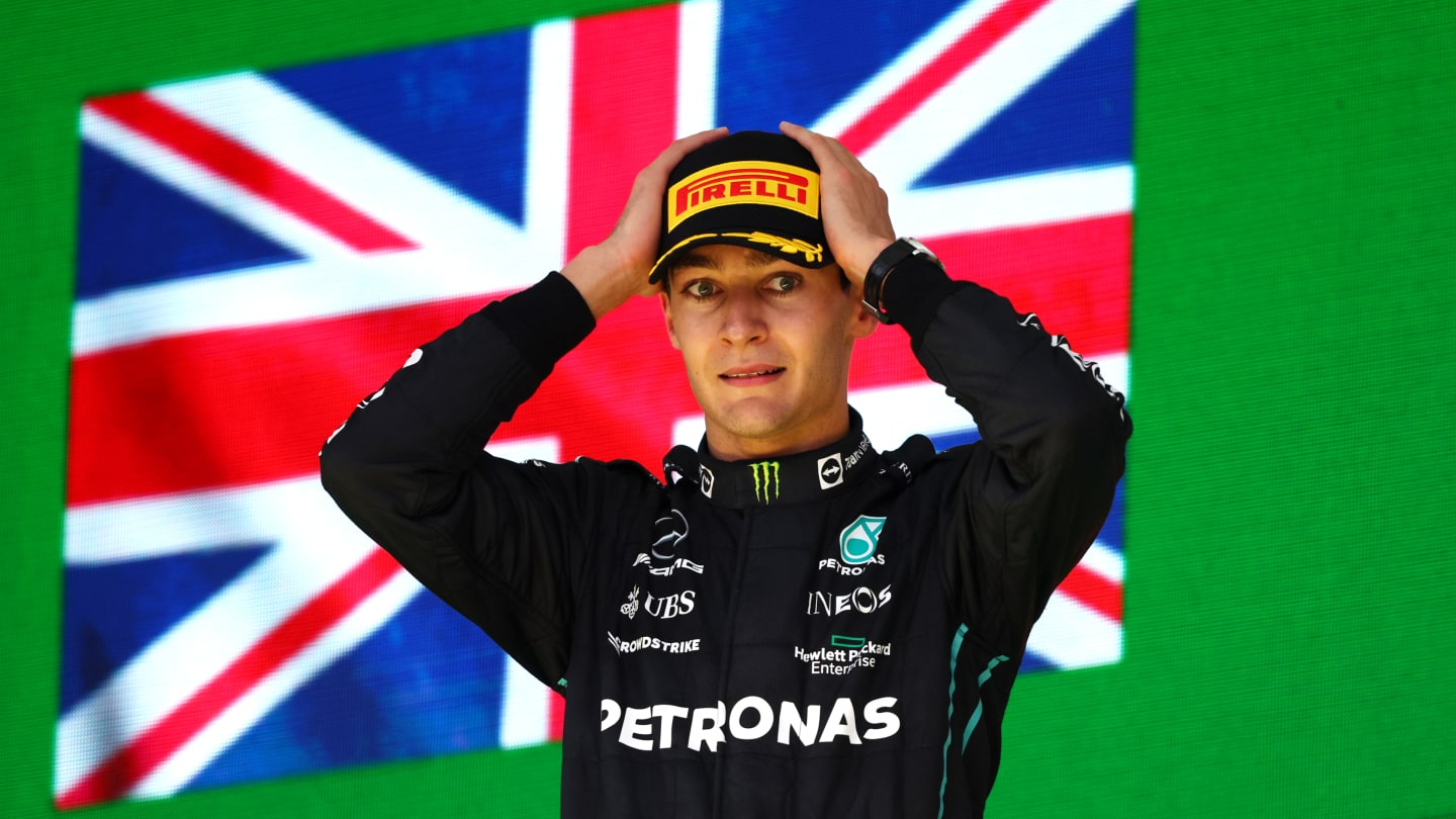 SAO PAULO, BRAZIL - NOVEMBER 13: Race winner George Russell of Great Britain and Mercedes