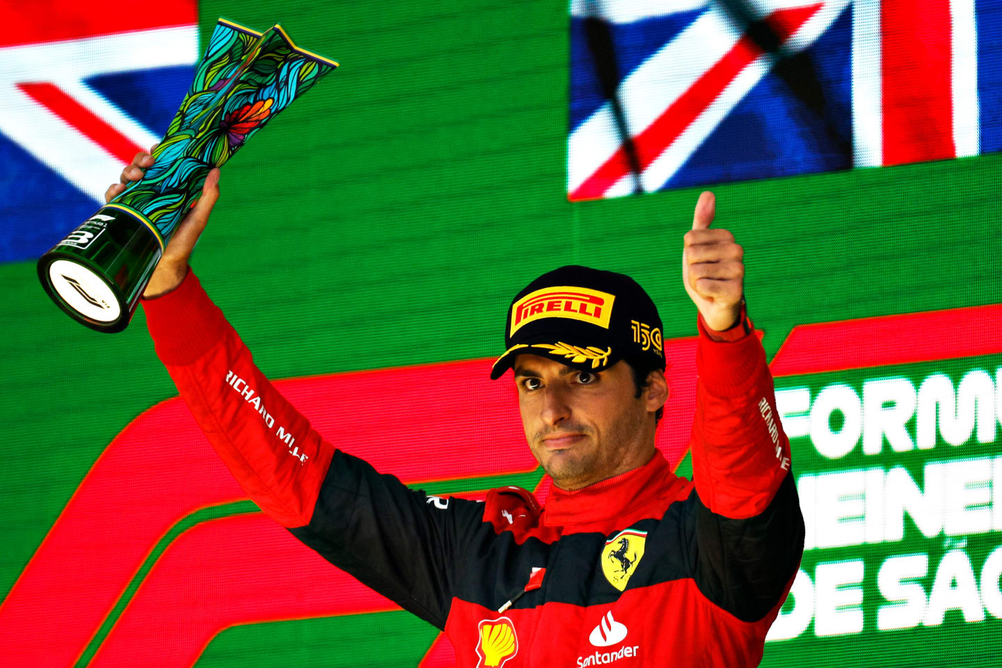 SAO PAULO, BRAZIL - NOVEMBER 13: Third placed Carlos Sainz of Spain and Ferrari celebrates on the podium during the F1 Grand Prix of Brazil at Autodromo Jose Carlos Pace on November 13, 2022 in Sao Paulo, Brazil. (Photo by Jared C. Tilton/Getty Images)