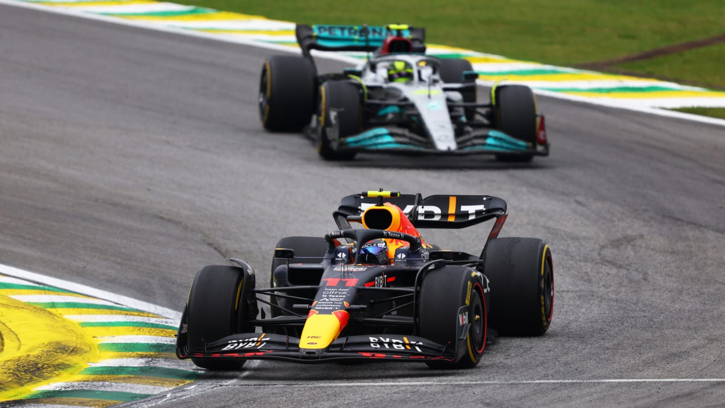 SAO PAULO, BRAZIL - NOVEMBER 13: Sergio Perez of Mexico driving the (11) Oracle Red Bull Racing