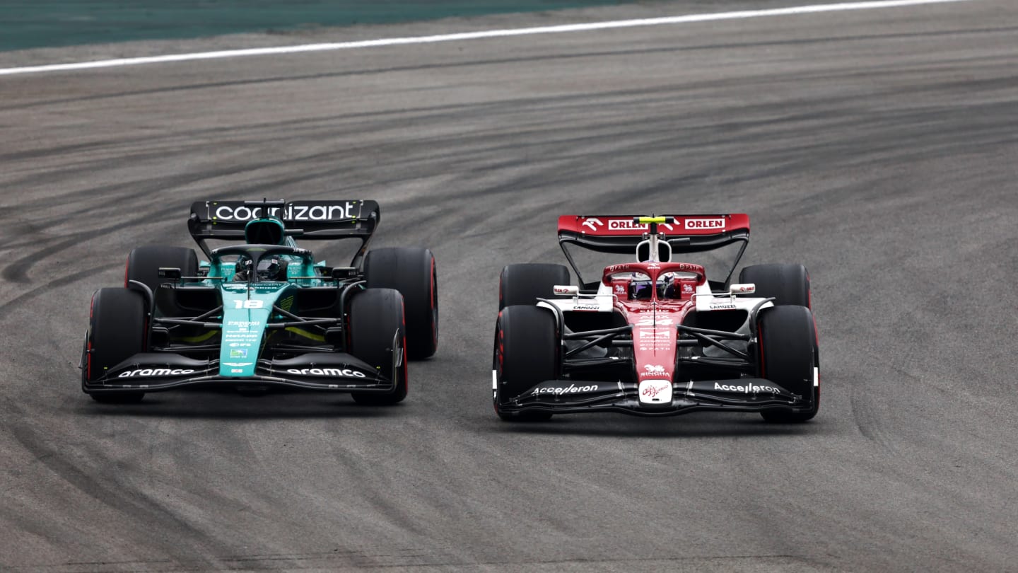 SAO PAULO, BRAZIL - NOVEMBER 13: Zhou Guanyu of China driving the (24) Alfa Romeo F1 C42 Ferrari