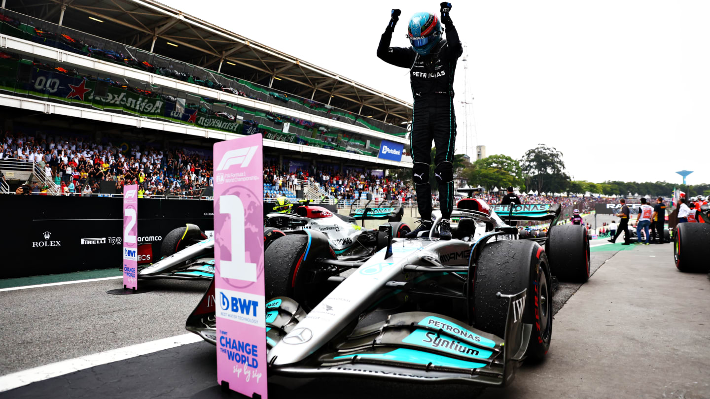 SAO PAULO, BRAZIL - NOVEMBER 13: Race winner George Russell of Great Britain and Mercedes