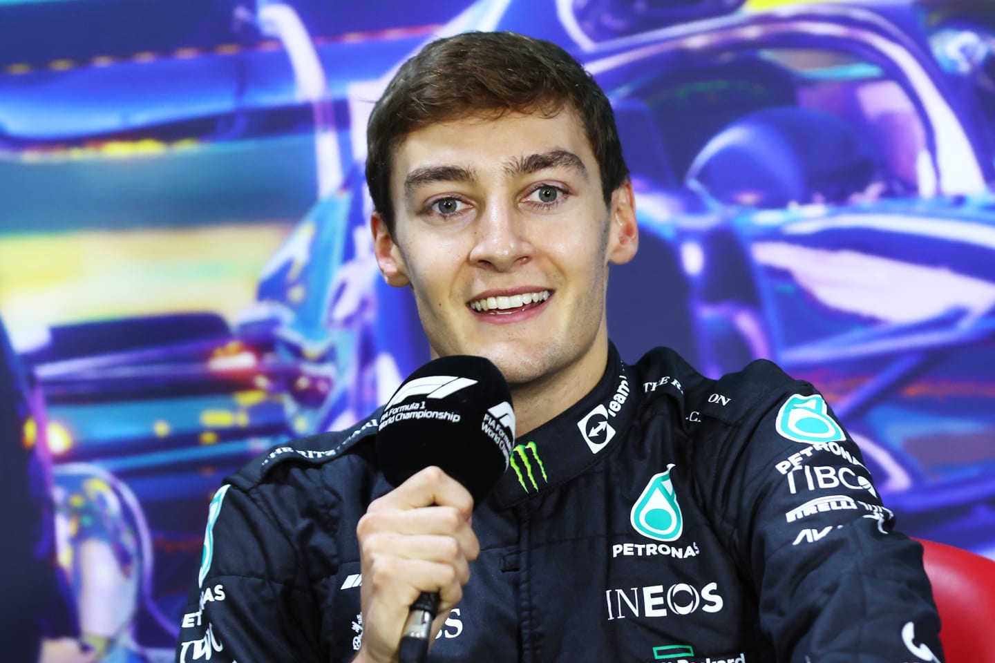 SAO PAULO, BRAZIL - NOVEMBER 13: Race winner George Russell of Great Britain and Mercedes talks in the press conference after the F1 Grand Prix of Brazil at Autodromo Jose Carlos Pace on November 13, 2022 in Sao Paulo, Brazil. (Photo by Dan Istitene/Getty Images)