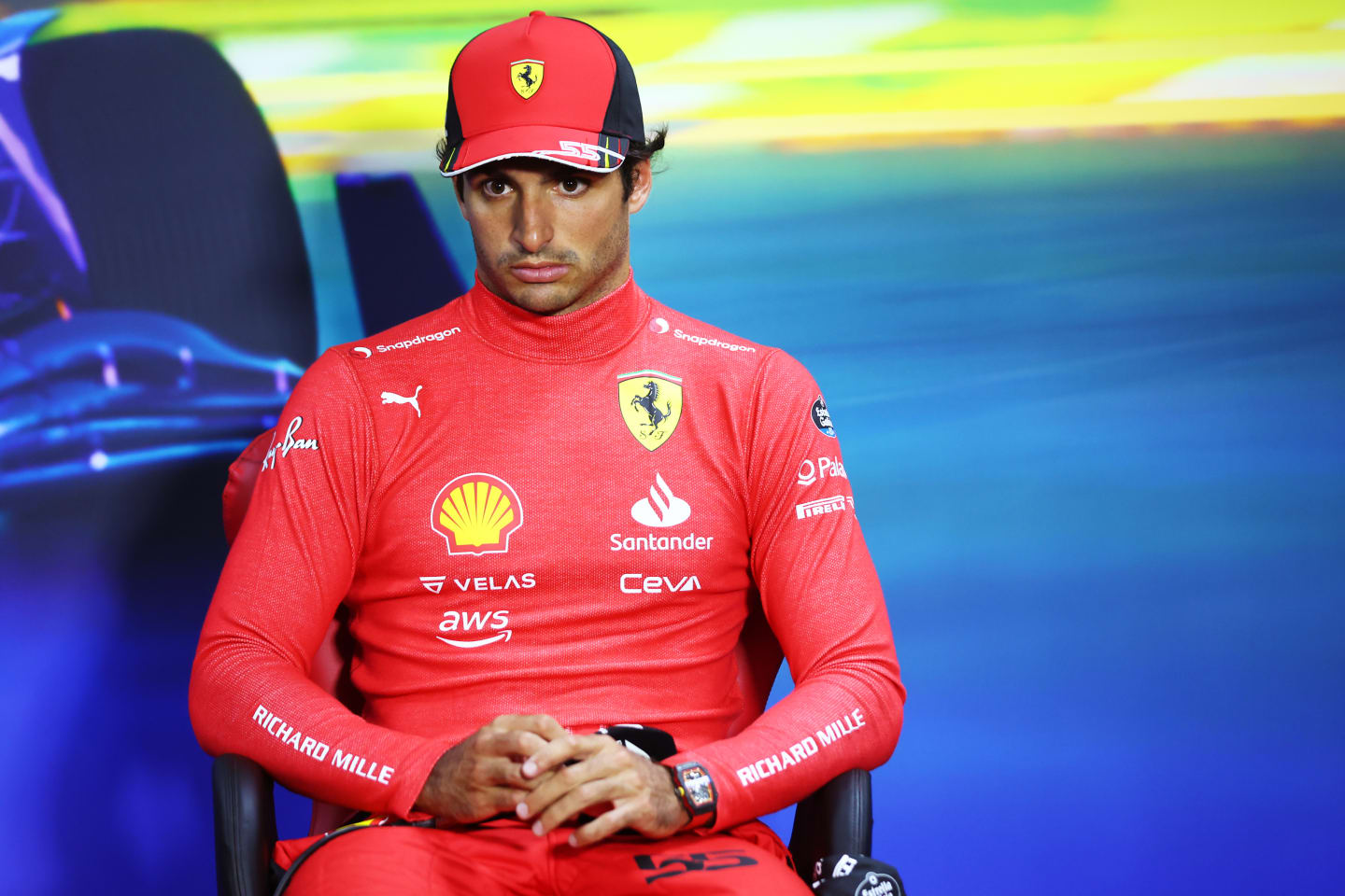 SAO PAULO, BRAZIL - NOVEMBER 13: Third placed Carlos Sainz of Spain and Ferrari attend the press conference after the F1 Grand Prix of Brazil at Autodromo Jose Carlos Pace on November 13, 2022 in Sao Paulo, Brazil. (Photo by Dan Istitene/Getty Images)