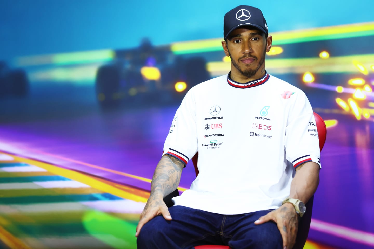 SAO PAULO, BRAZIL - NOVEMBER 13: Second placed Lewis Hamilton of Great Britain and Mercedes attends the press conference after the F1 Grand Prix of Brazil at Autodromo Jose Carlos Pace on November 13, 2022 in Sao Paulo, Brazil. (Photo by Dan Istitene/Getty Images)