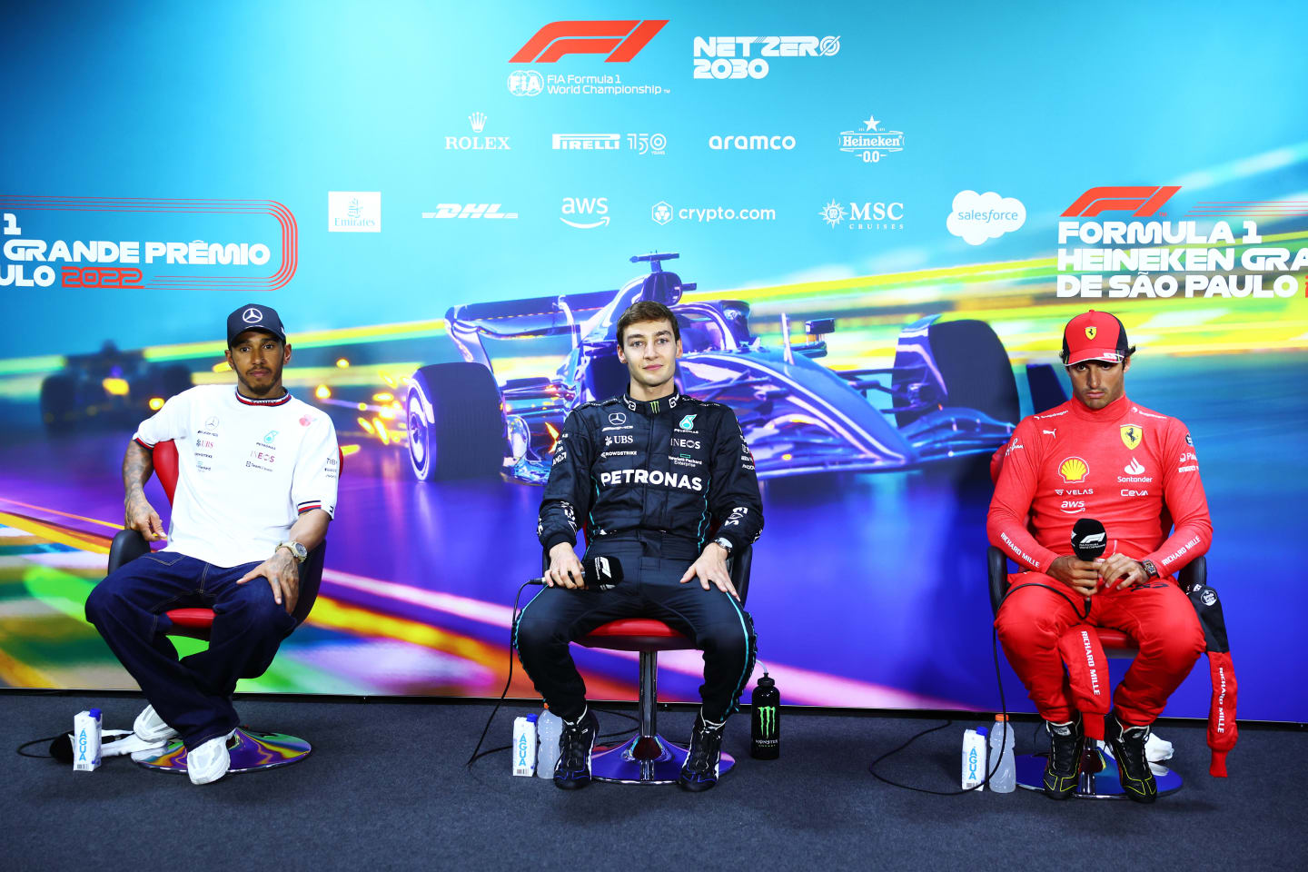SAO PAULO, BRAZIL - NOVEMBER 13: Race winner George Russell of Great Britain and Mercedes, Second placed Lewis Hamilton of Great Britain and Mercedes and Third placed Carlos Sainz of Spain and Ferrari attend the press conference after the F1 Grand Prix of Brazil at Autodromo Jose Carlos Pace on November 13, 2022 in Sao Paulo, Brazil. (Photo by Dan Istitene/Getty Images)