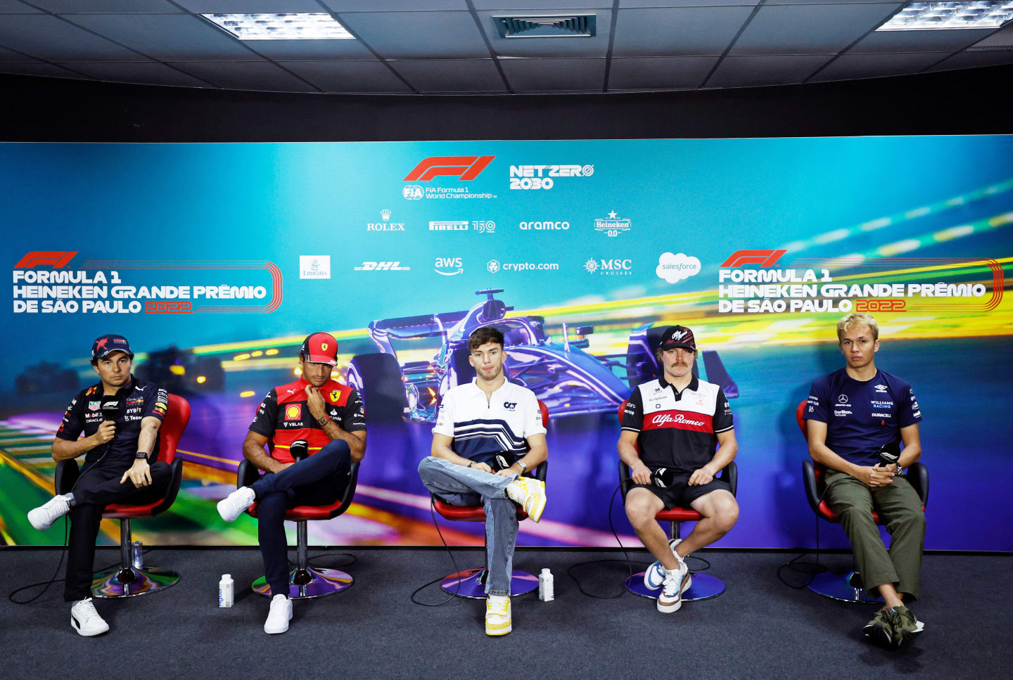SAO PAULO, BRAZIL - NOVEMBER 10: (L-R) Sergio Perez of Mexico and Oracle Red Bull Racing, Carlos Sainz of Spain and Ferrari, Pierre Gasly of France and Scuderia AlphaTauri, Valtteri Bottas of Finland and Alfa Romeo F1 and Alexander Albon of Thailand and Williams attend the Drivers Press Conference during previews ahead of the F1 Grand Prix of Brazil at Autodromo Jose Carlos Pace on November 10, 2022 in Sao Paulo, Brazil. (Photo by Jared C. Tilton/Getty Images)
