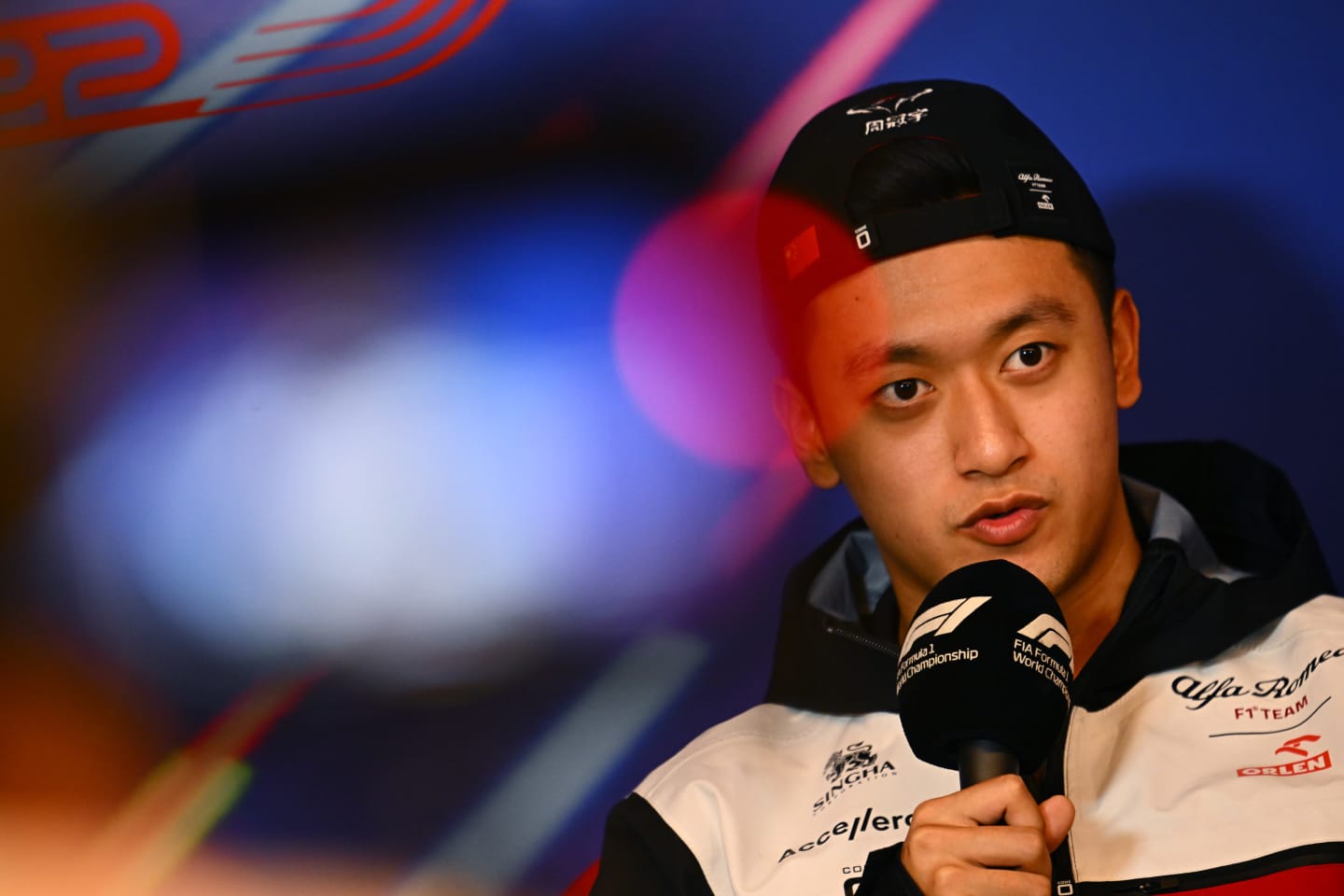 MONTREAL, QUEBEC - JUNE 17: Zhou Guanyu of China and Alfa Romeo F1 talks in the Drivers Press Conference prior to practice ahead of the F1 Grand Prix of Canada at Circuit Gilles Villeneuve on June 17, 2022 in Montreal, Quebec. (Photo by Clive Mason/Getty Images)