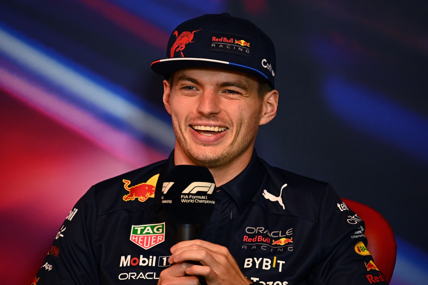 MONTREAL, QUEBEC - JUNE 17: Max Verstappen of the Netherlands and Oracle Red Bull Racing talks in the Drivers Press Conference prior to practice ahead of the F1 Grand Prix of Canada at Circuit Gilles Villeneuve on June 17, 2022 in Montreal, Quebec. (Photo by Clive Mason/Getty Images)