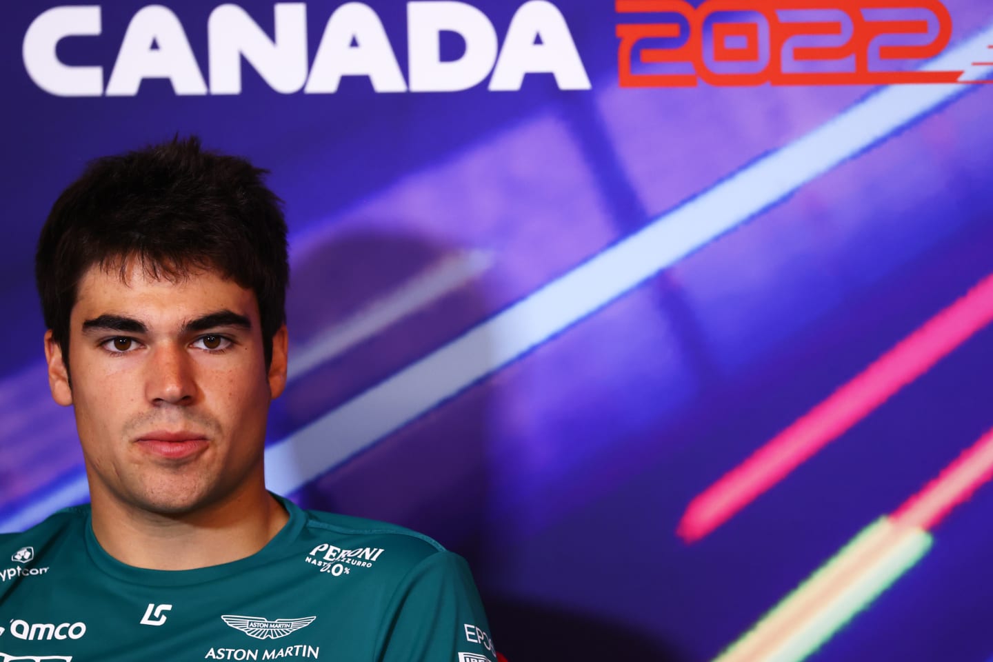 MONTREAL, QUEBEC - JUNE 17: Lance Stroll of Canada and Aston Martin F1 Team looks on in the Drivers Press Conference prior to practice ahead of the F1 Grand Prix of Canada at Circuit Gilles Villeneuve on June 17, 2022 in Montreal, Quebec. (Photo by Dan Istitene/Getty Images)