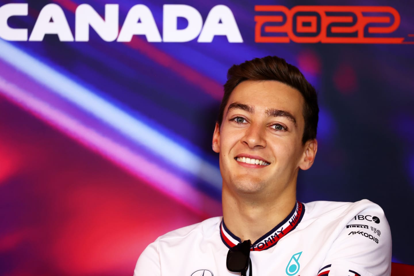 MONTREAL, QUEBEC - JUNE 17: George Russell of Great Britain and Mercedes looks on in the Drivers Press Conference prior to practice ahead of the F1 Grand Prix of Canada at Circuit Gilles Villeneuve on June 17, 2022 in Montreal, Quebec. (Photo by Dan Istitene/Getty Images)