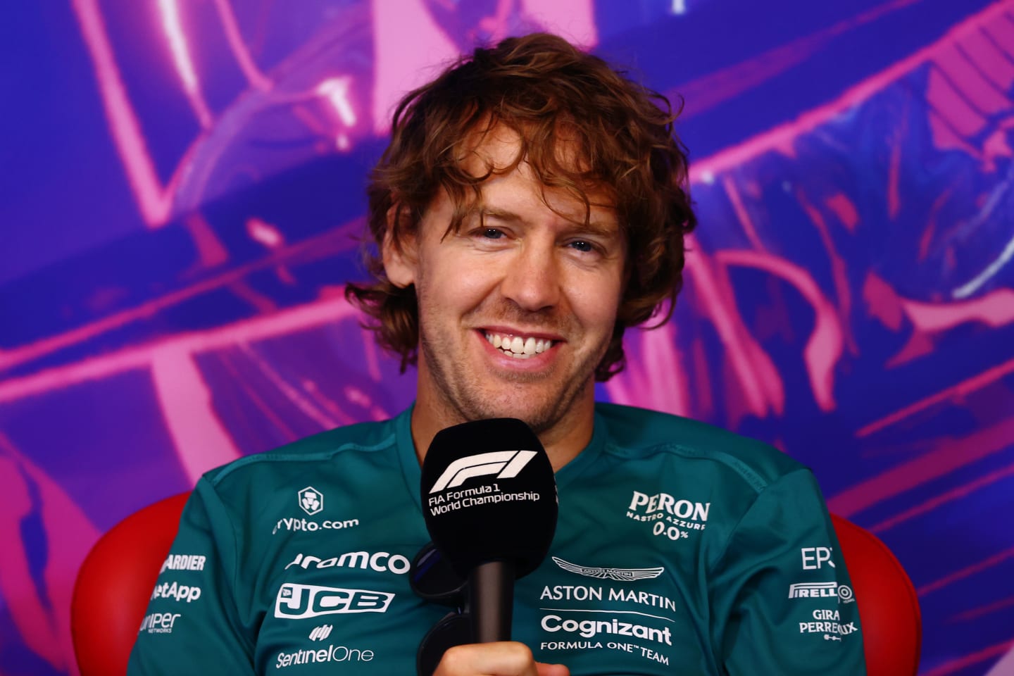 MONTREAL, QUEBEC - JUNE 17: Sebastian Vettel of Germany and Aston Martin F1 Team talks in the Drivers Press Conference prior to practice ahead of the F1 Grand Prix of Canada at Circuit Gilles Villeneuve on June 17, 2022 in Montreal, Quebec. (Photo by Dan Istitene/Getty Images)
