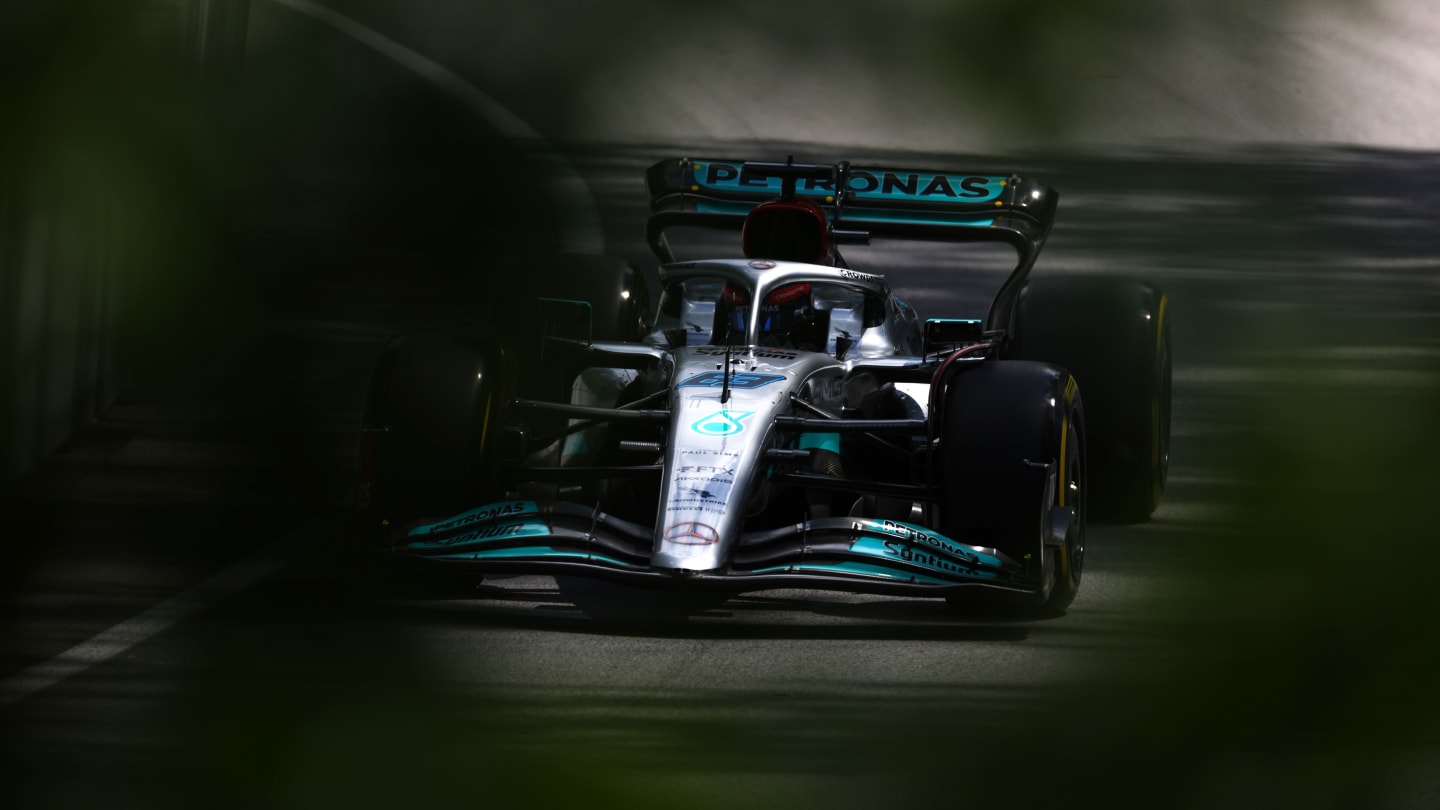 MONTREAL, QUEBEC - JUNE 17: George Russell of Great Britain driving the (63) Mercedes AMG Petronas F1 Team W13 on track during practice ahead of the F1 Grand Prix of Canada at Circuit Gilles Villeneuve on June 17, 2022 in Montreal, Quebec. (Photo by Lars Baron - Formula 1/Formula 1 via Getty Images)