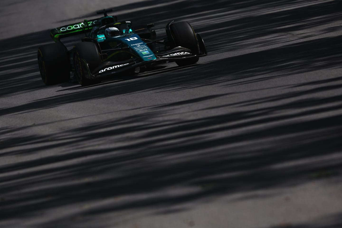 MONTREAL, QUEBEC - JUNE 17: Lance Stroll of Canada driving the (18) Aston Martin AMR22 Mercedes on track during practice ahead of the F1 Grand Prix of Canada at Circuit Gilles Villeneuve on June 17, 2022 in Montreal, Quebec. (Photo by Clive Rose/Getty Images)