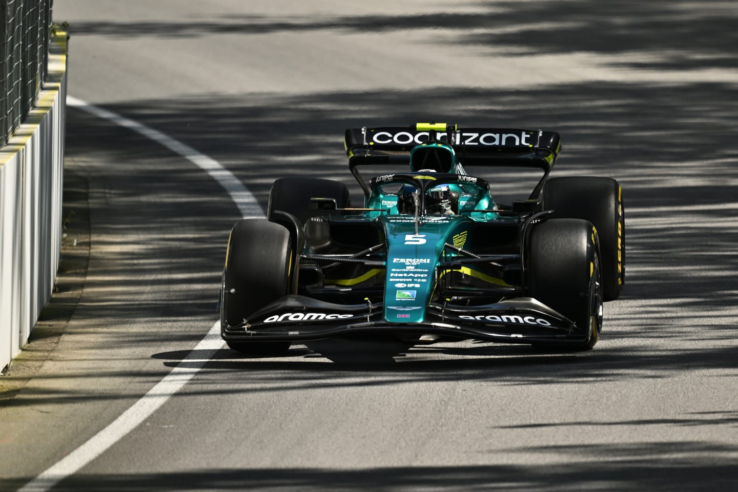 MONTREAL, QUEBEC - JUNE 17: Sebastian Vettel of Germany driving the (5) Aston Martin AMR22 Mercedes on track during practice ahead of the F1 Grand Prix of Canada at Circuit Gilles Villeneuve on June 17, 2022 in Montreal, Quebec. (Photo by Minas Panagiotakis/Getty Images)