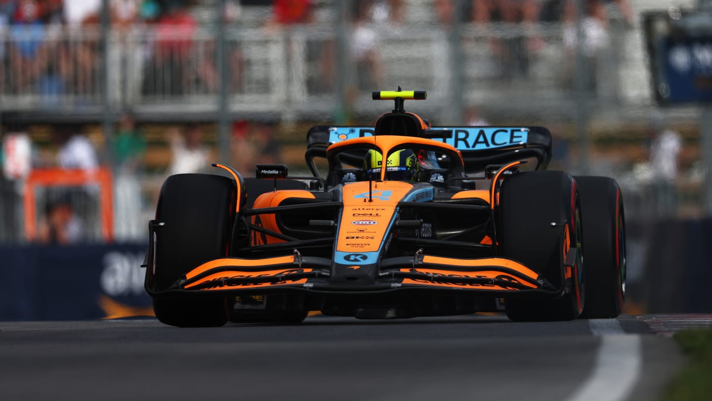 MONTREAL, QUEBEC - JUNE 17: Lando Norris of Great Britain driving the (4) McLaren MCL36 Mercedes on track during practice ahead of the F1 Grand Prix of Canada at Circuit Gilles Villeneuve on June 17, 2022 in Montreal, Quebec. (Photo by Lars Baron - Formula 1/Formula 1 via Getty Images)