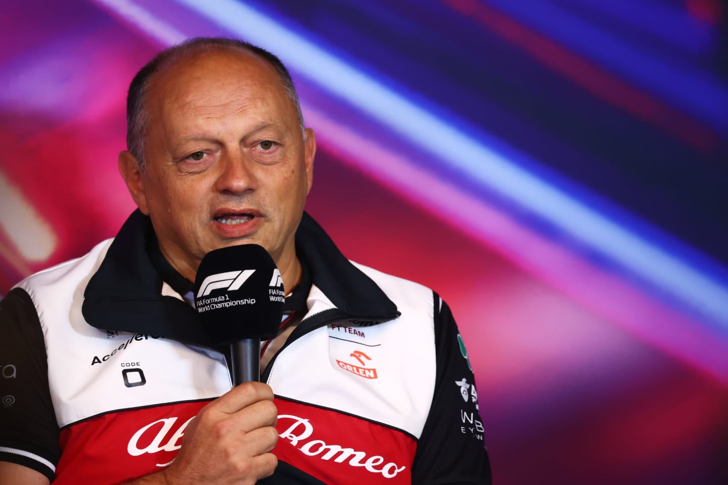 MONTREAL, QUEBEC - JUNE 18: Alfa Romeo Racing Team Principal Frederic Vasseur talks in the Team Principals Press Conference prior to final practice ahead of the F1 Grand Prix of Canada at Circuit Gilles Villeneuve on June 18, 2022 in Montreal, Quebec. (Photo by Dan Istitene/Getty Images)
