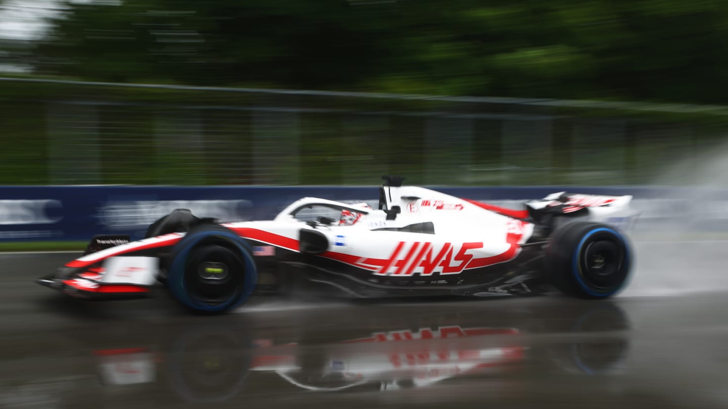 MONTREAL, QUEBEC - JUNE 18: Kevin Magnussen of Denmark driving the (20) Haas F1 VF-22 Ferrari in the wet during final practice ahead of the F1 Grand Prix of Canada at Circuit Gilles Villeneuve on June 18, 2022 in Montreal, Quebec. (Photo by Lars Baron - Formula 1/Formula 1 via Getty Images)