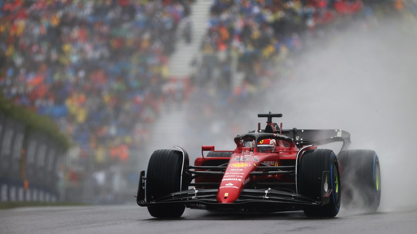 MONTREAL, QUEBEC - JUNE 18: Charles Leclerc of Monaco driving the (16) Ferrari F1-75 in the wet during qualifying ahead of the F1 Grand Prix of Canada at Circuit Gilles Villeneuve on June 18, 2022 in Montreal, Quebec. (Photo by Dan Istitene - Formula 1/Formula 1 via Getty Images)