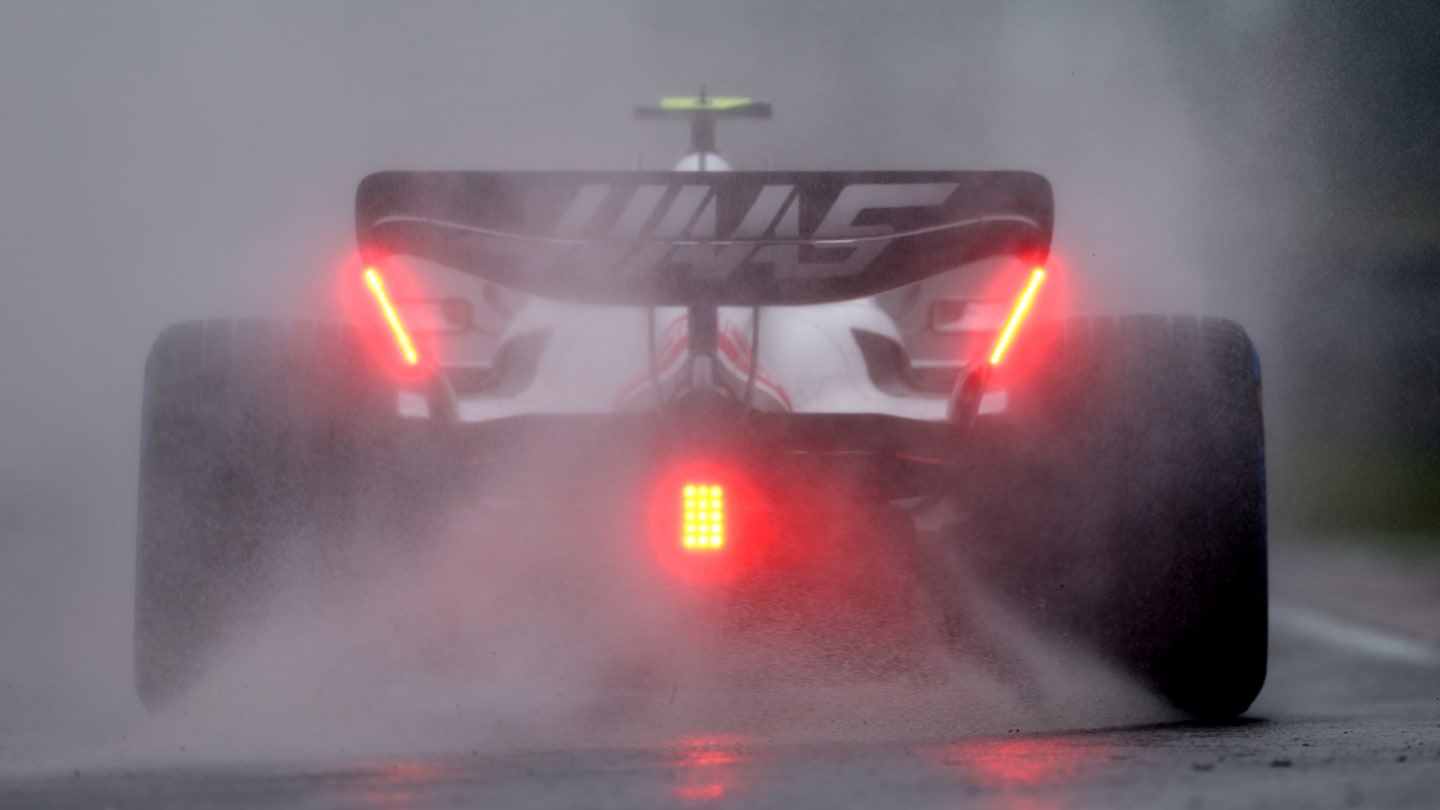 MONTREAL, QUEBEC - JUNE 18: Mick Schumacher of Germany driving the (47) Haas F1 VF-22 Ferrari in the wet during qualifying ahead of the F1 Grand Prix of Canada at Circuit Gilles Villeneuve on June 18, 2022 in Montreal, Quebec. (Photo by Lars Baron - Formula 1/Formula 1 via Getty Images)